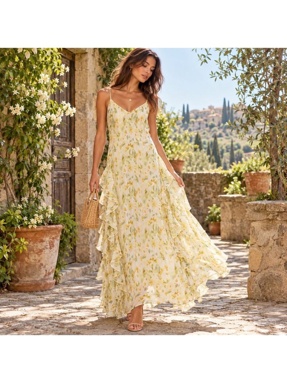 Fairycore Floral Ruffle Maxi Dress S Spaghetti Strap Ethereal Romantic Garden